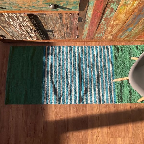 Tapis Indien en Coton - 70x170cm - Bleu / Vert