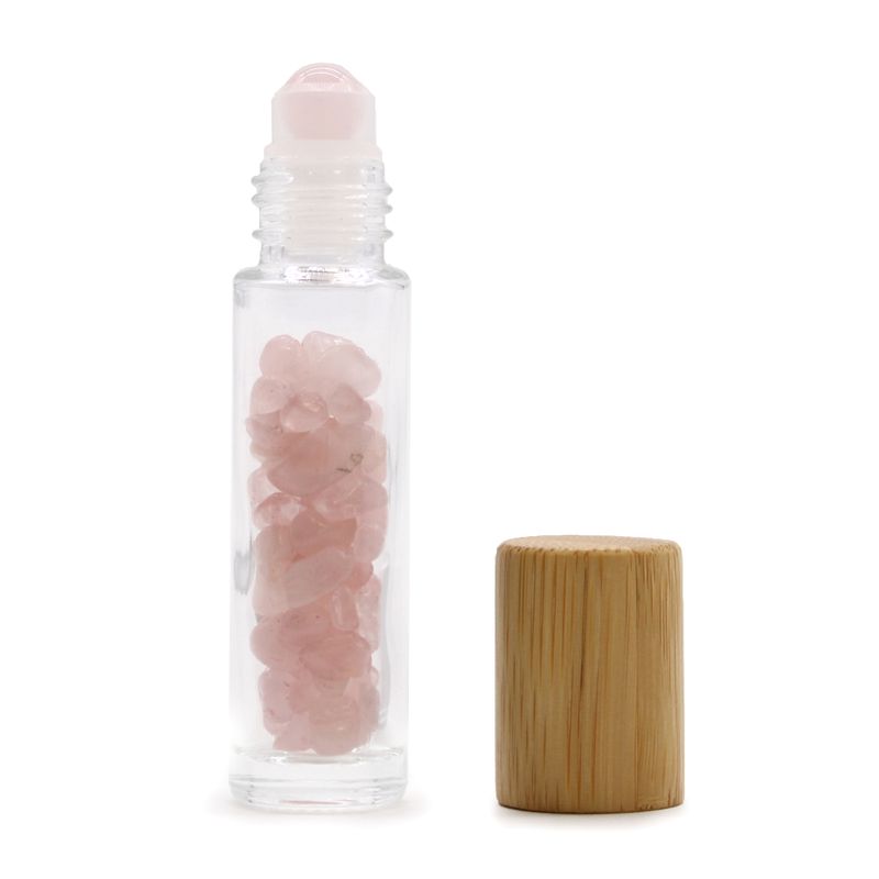 Bouteille Roll-On d'Huile Essentielle avec Gemme - Quartz Rose - Bouchon en Bois