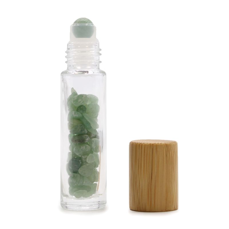 Bouteille Roll-On d'Huile Essentielle avec Gemme - Aventurine - Bouchon en Bois