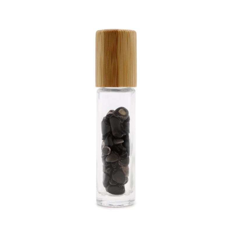 Bouteille Roll-On d'Huile Essentielle avec Gemme - Tourmaline Noire - Bouchon en Bois