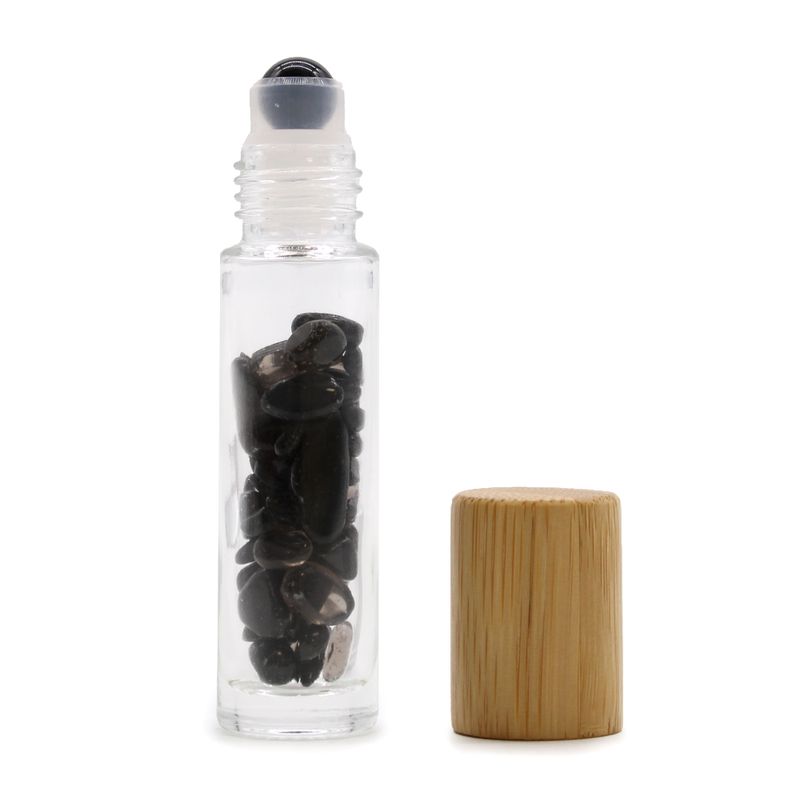 Bouteille Roll-On d'Huile Essentielle avec Gemme - Tourmaline Noire - Bouchon en Bois