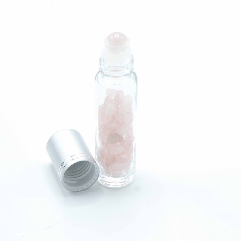 Bouteille Roll-On d'Huile Essentielle avec Gemme - Quartz Rose - Bouchon Argenté
