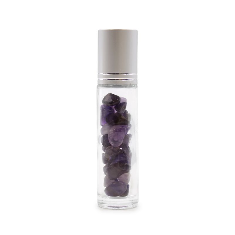 Bouteille Roll-On d'Huile Essentielle avec Gemme - Améthyste - Bouchon Argenté
