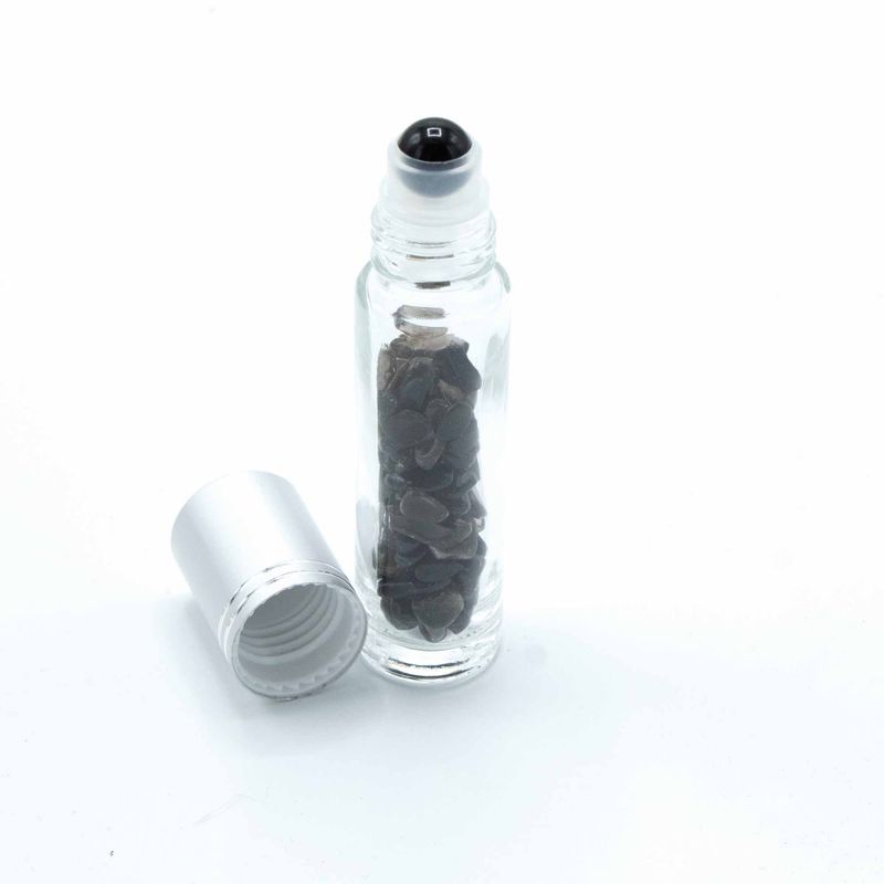 Bouteille Roll-On d'Huile Essentielle avec Gemme - Tourmaline Noire - Bouchon Argenté