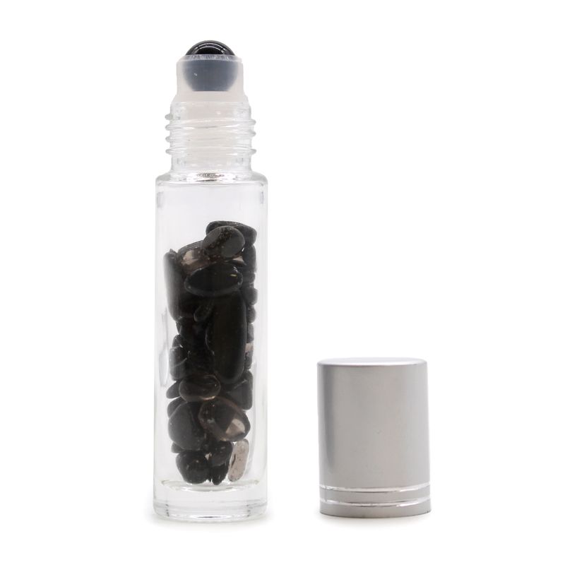 Bouteille Roll-On d'Huile Essentielle avec Gemme - Tourmaline Noire - Bouchon Argenté