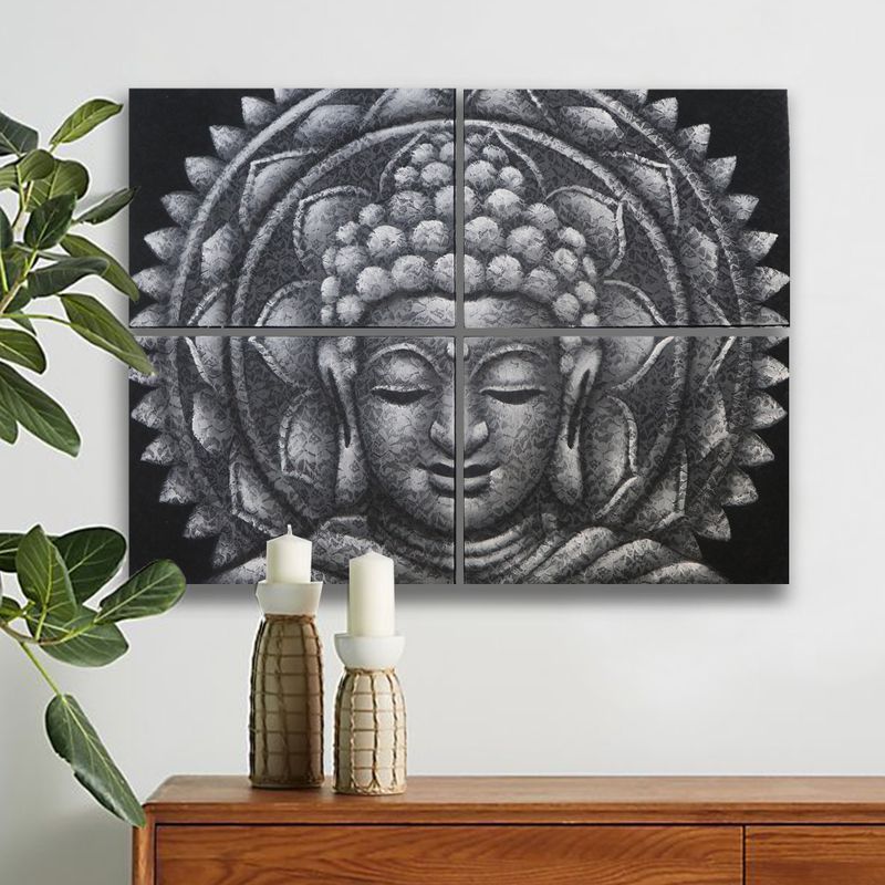 Lot de 4 Mandala Bouddha Gris Détail Brocart 30x40cm