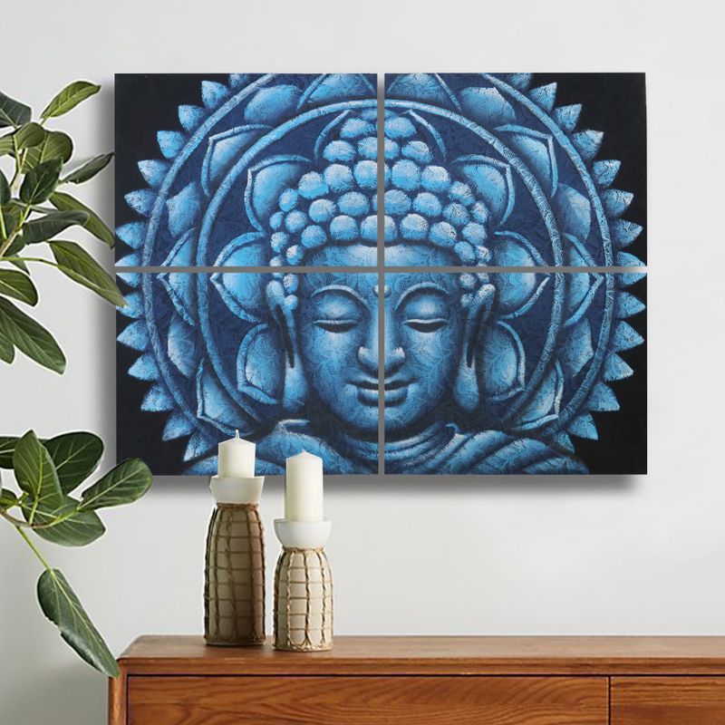 Lot de 4 Mandala Bouddha Bleu Détail Brocart 30x40cm