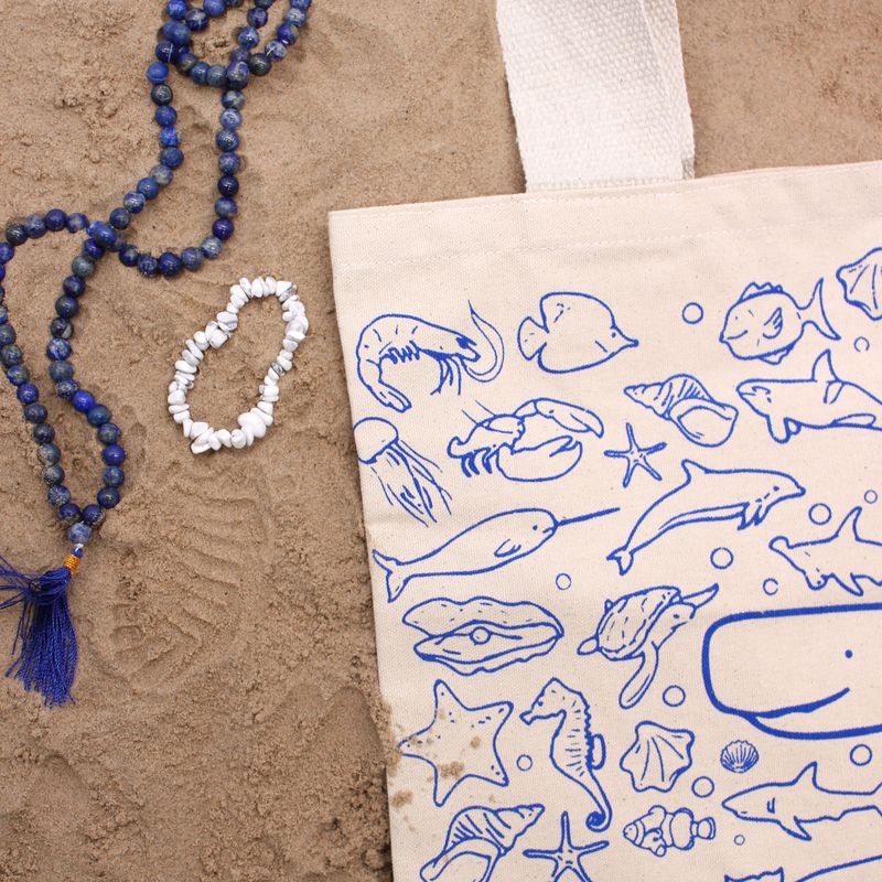 Grand Sac de Shopping en Coton - 38x42cm - Vie Marine - 10oz