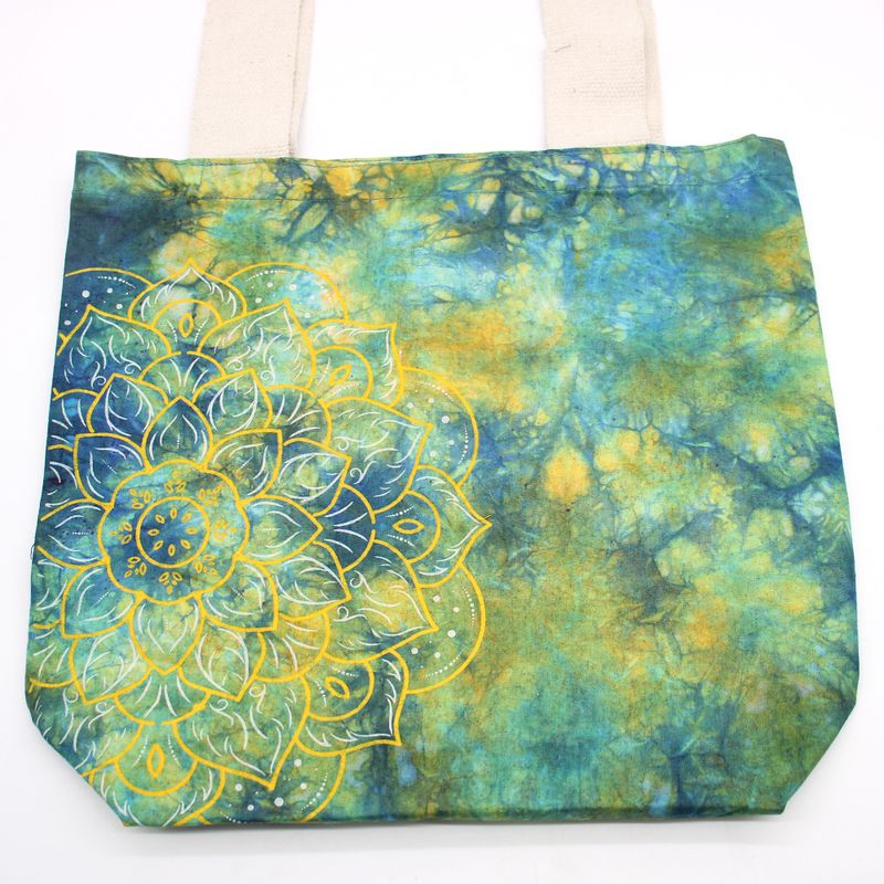 Sac en Coton Tye-Dye (6oz) - 38x42x12cm -  Mandala - Vert/Bleu - Sangle Naturelle