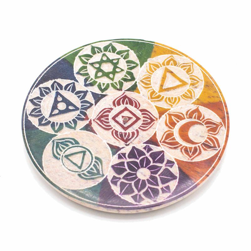 Porte-Encens Disque en Stéatite 10 cm - Sept Chakras