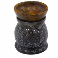 Brûleur à Huile en Stéatite 10cm - Fleur de Mandala - Noir et Jaune
