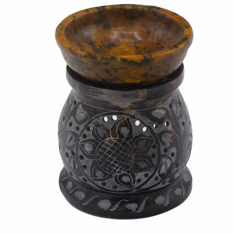 Brûleur à Huile en Stéatite 10cm - Fleur de Mandala - Noir et Jaune