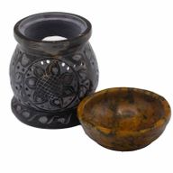 Brûleur à Huile en Stéatite 10cm - Fleur de Mandala - Noir et Jaune
