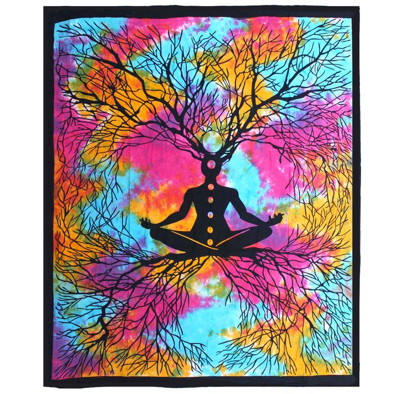Couvre-Lit Double en Coton + Tenture Murale - Arbre Yoga