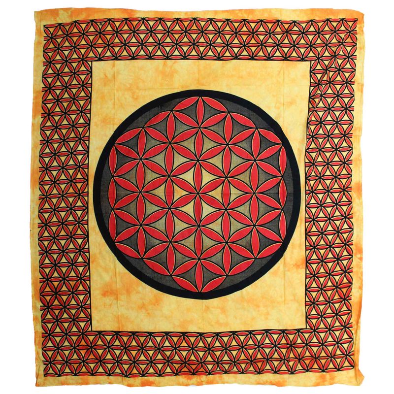 Couvre-Lit Double Coton + Tenture Murale - Fleur de Vie - Orange