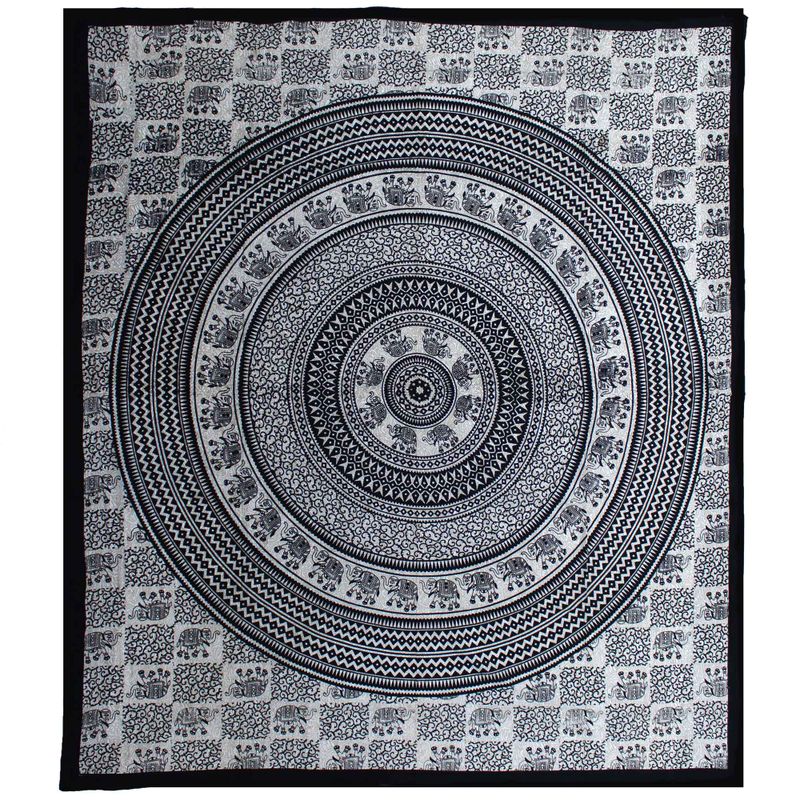 Couvre-Lit Double Coton + Tenture Murale - Mono - Mandala Éléphant