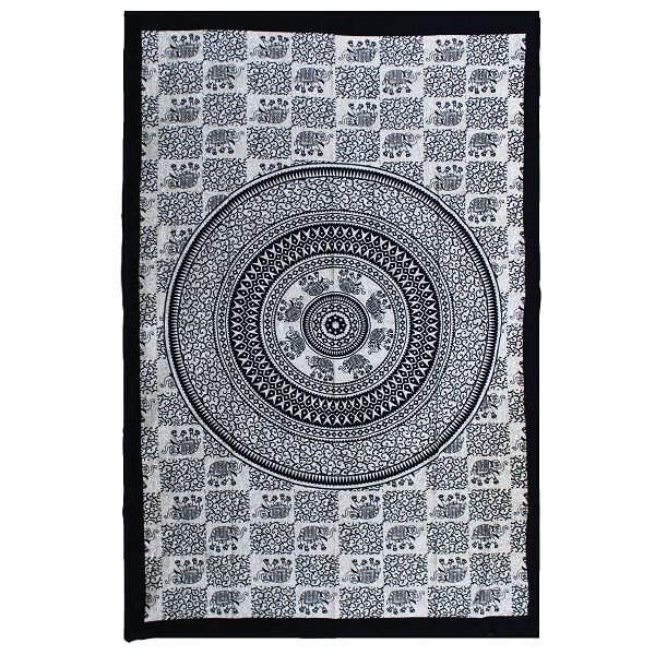 Couvre-Lit Double Coton + Tenture Murale - Mono - Mandala Éléphant