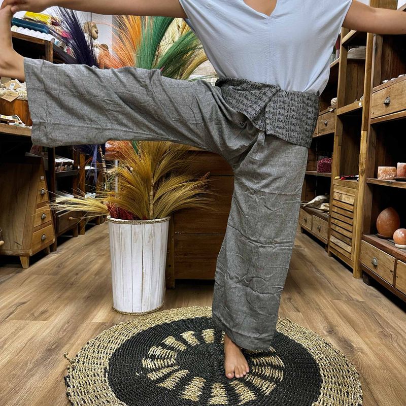 Pantalons de Yoga et Festival - Pêcheur Thai Mandala Mantra sur Gris
