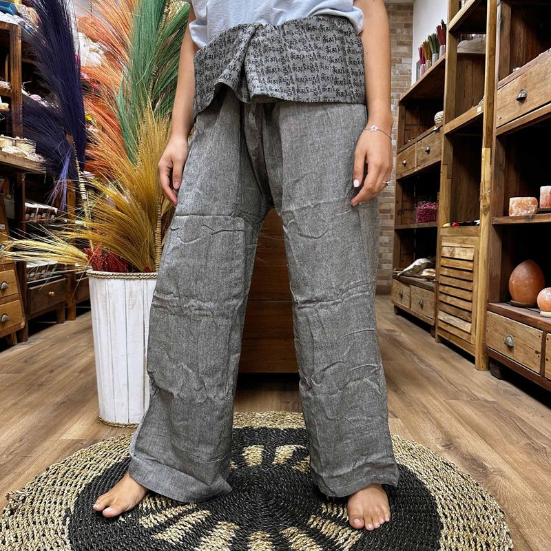 Pantalons de Yoga et Festival - Pêcheur Thai Mandala Mantra sur Gris