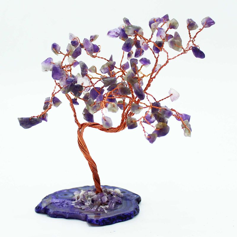 Grand Arbre de Pierres Précieuses - Améthyste sur Base d'Agate Naturelle (100 pierres)