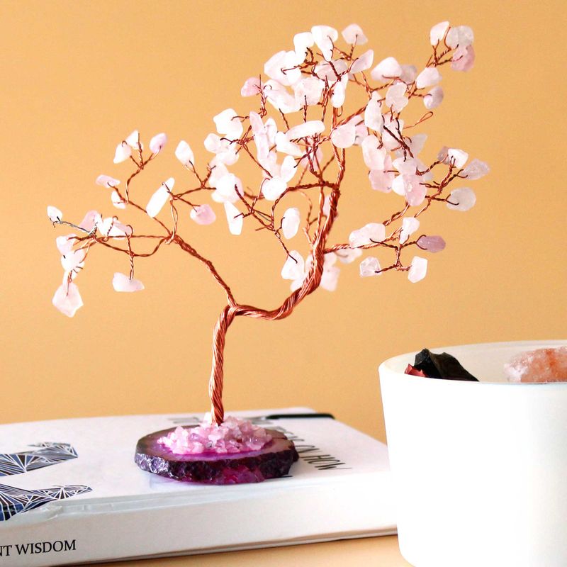 Grand Arbre de Pierres Précieuses - Quartz Rose sur Base d'Agate Rose (100 pierres)