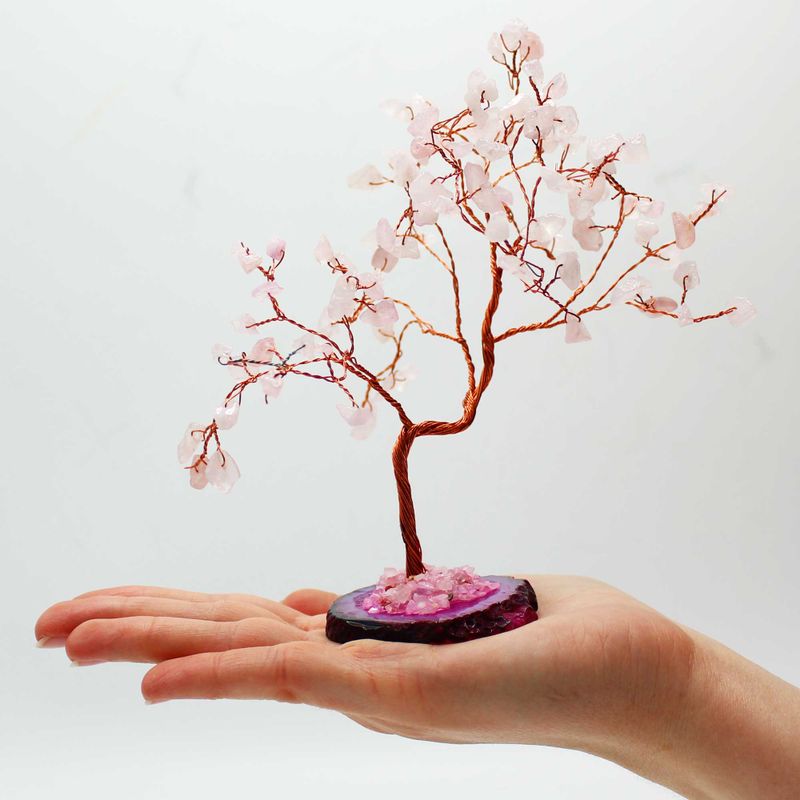 Grand Arbre de Pierres Précieuses - Quartz Rose sur Base d'Agate Rose (100 pierres)