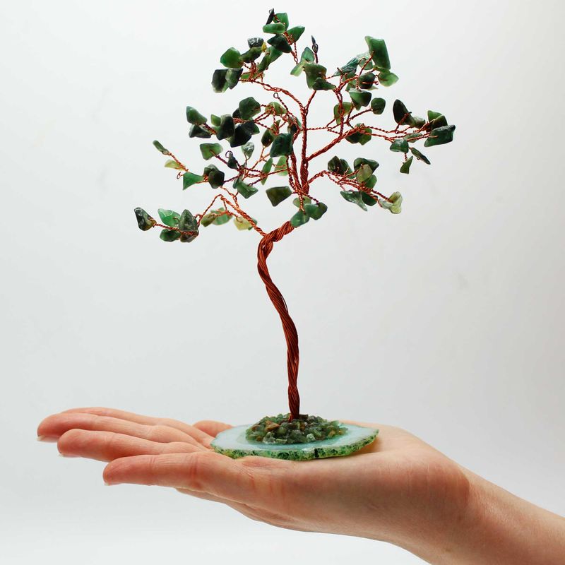 Grand Arbre de Pierres Précieuses - Aventurine Verte sur Socle d'Agate Verte (100 pierres)