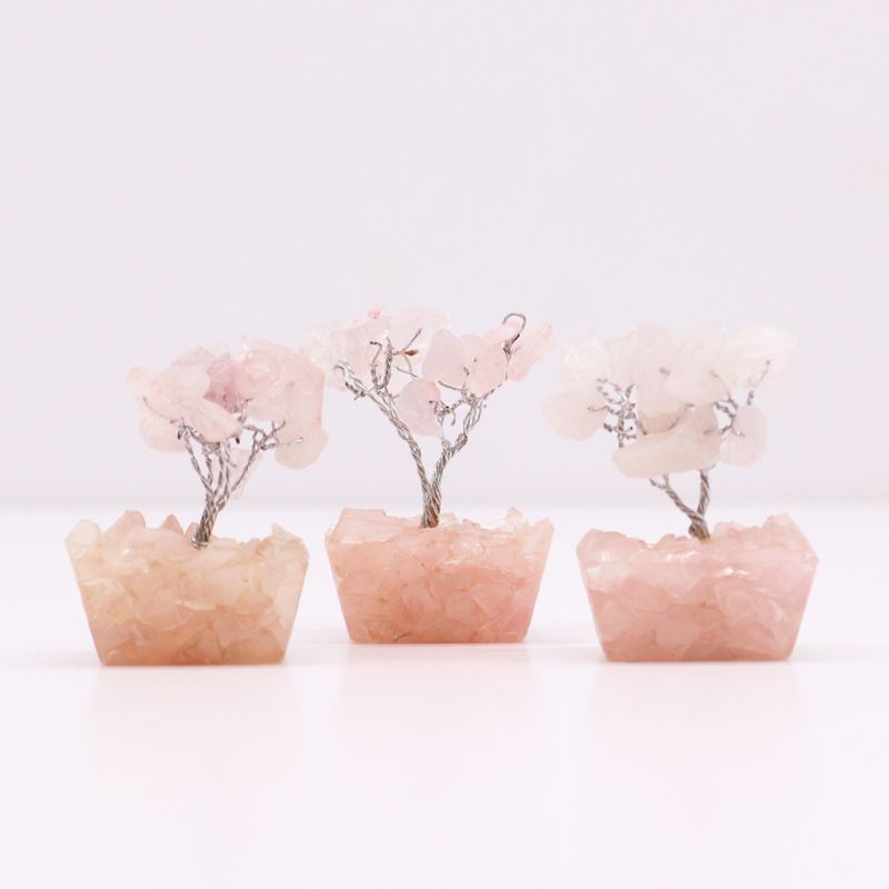 Mini Arbres de Gemmes sur Base d'Orgonite - Quartz Rose (15 pierres)