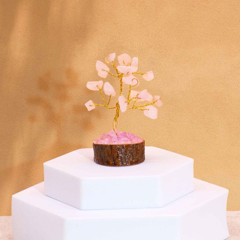 Mini Arbres de Gemmes sur Base en Bois - Quartz Rose (15 pierres)