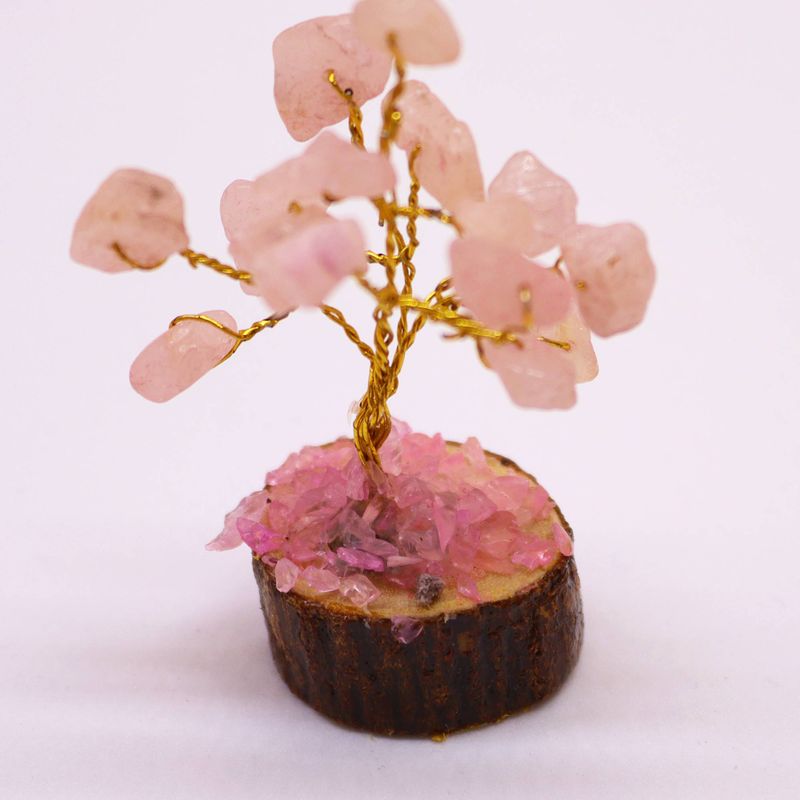 Mini Arbres de Gemmes sur Base en Bois - Quartz Rose (15 pierres)