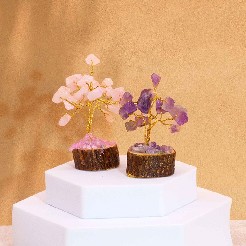 Mini Arbres de Gemmes sur Base en Bois - Mélange Assorti (15 pierres)