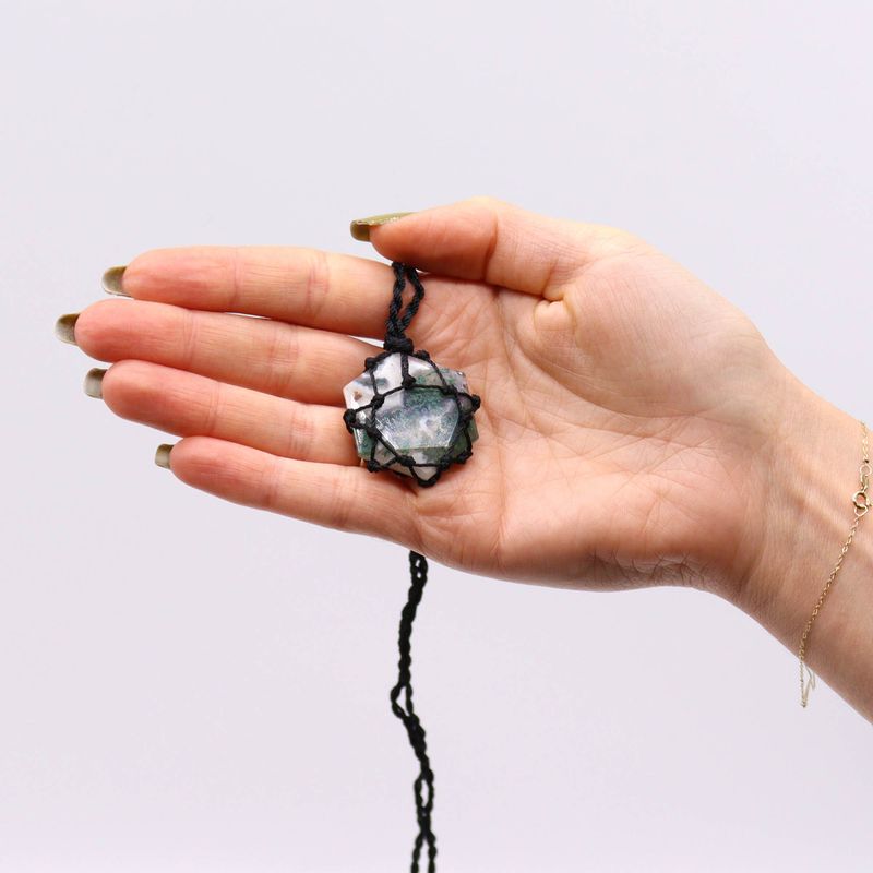 Pendentif Hexagone en Gemmes Lacées - Agate Mousse