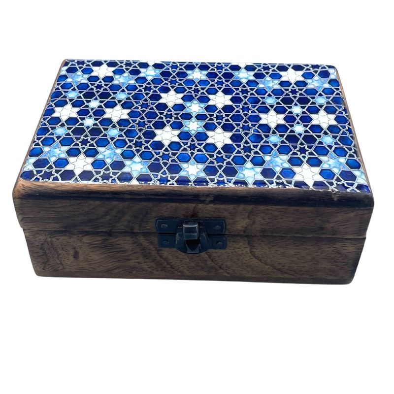 Moyenne Boîte en Bois Émaillé  - 15x10x6cm - Étoiles Bleues