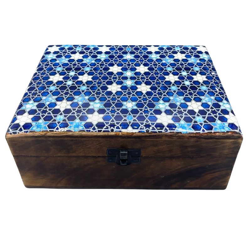 Grande Boîte en Bois Émaillé  - 20x15x7.5cm - Étoiles Bleues