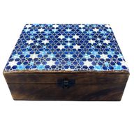 Grande Boîte en Bois Émaillé  - 20x15x7.5cm - Étoiles Bleues