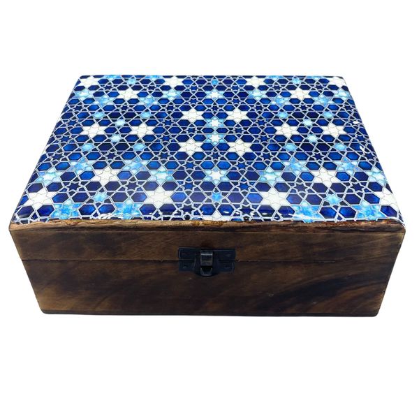 Grande Boîte en Bois Émaillé - 20x15x7.5cm - Étoiles Bleues