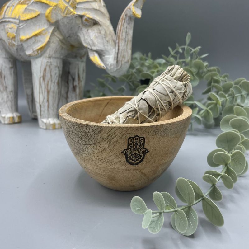 Bol en Bois pour Fumigation et Offrandes Rituelles - Hamsa - 11x7cm