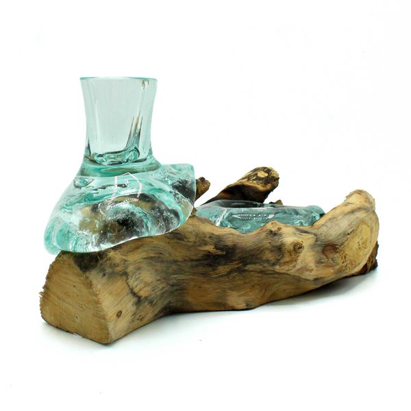 Petit Vase à Fleur et Bougeoir en Verre Soufflé sur Bois
