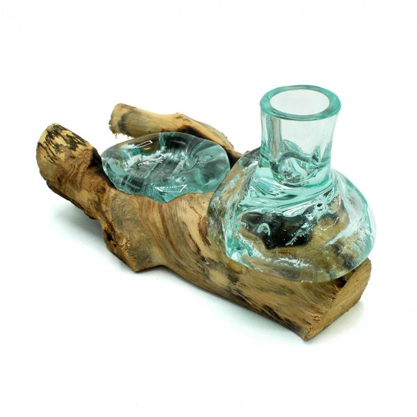 Petit Vase à Fleur et Bougeoir en Verre Soufflé sur Bois