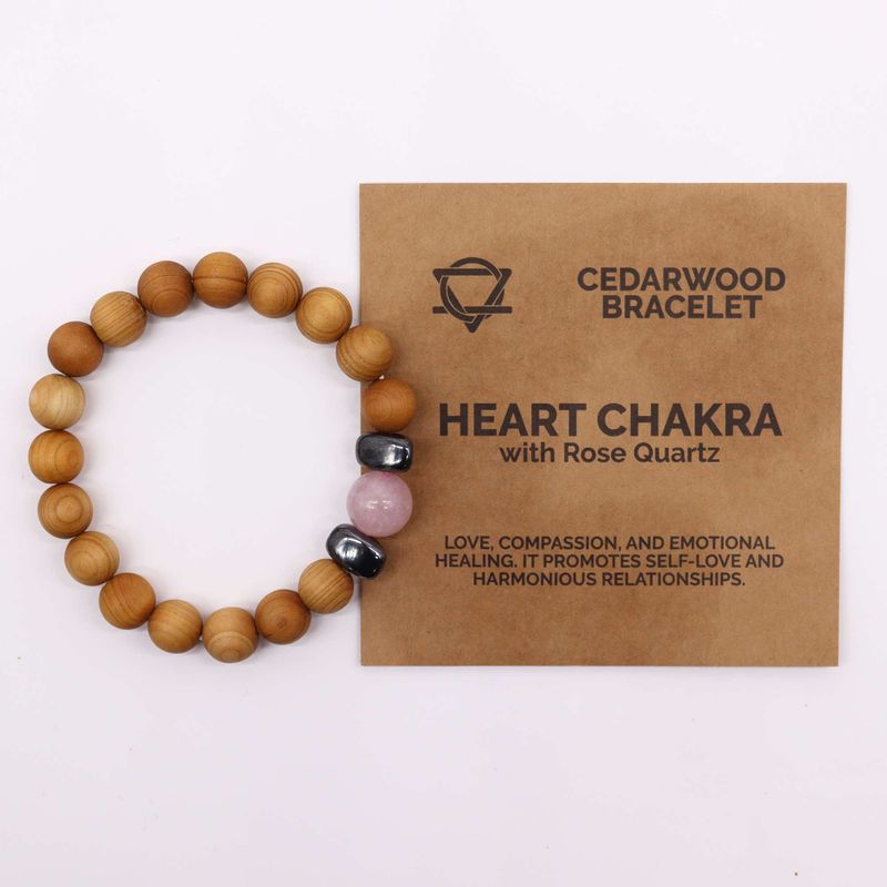 Bracelet de Chakra Coeur en Cèdre avec Quartz Rose