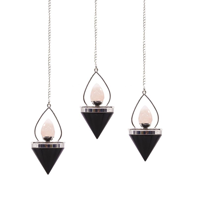 Pendule en Gemme Lanterne de Vie - Agate Noire et Quartz Rose