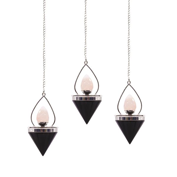 Pendule en Gemme Lanterne de Vie - Agate Noire et Quartz Rose