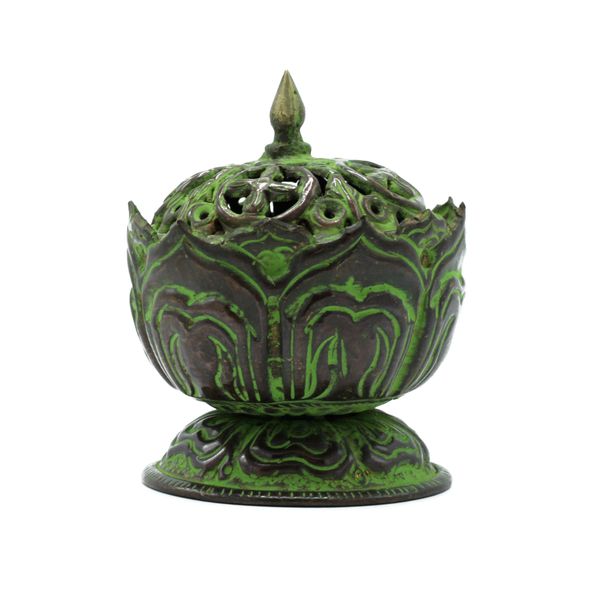 Brûleur d'encens tibétain Verdigris en laiton - Petit Lotus