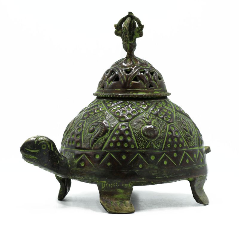 Porte-encens tortue tibétaine en laiton Verdigris - Lrg