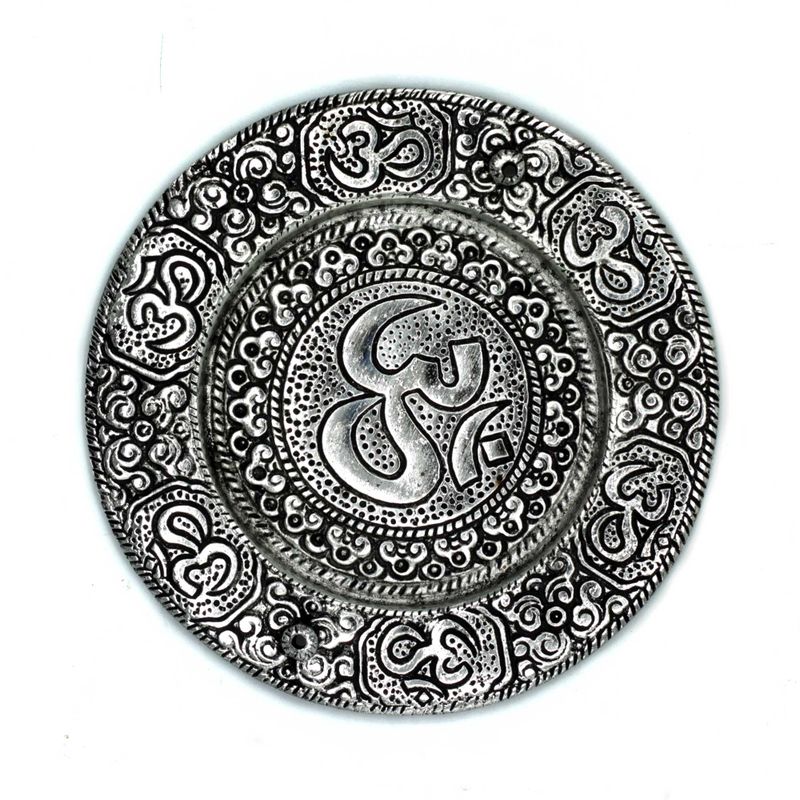 Porte-encens rond Om en aluminium poli 11 cm