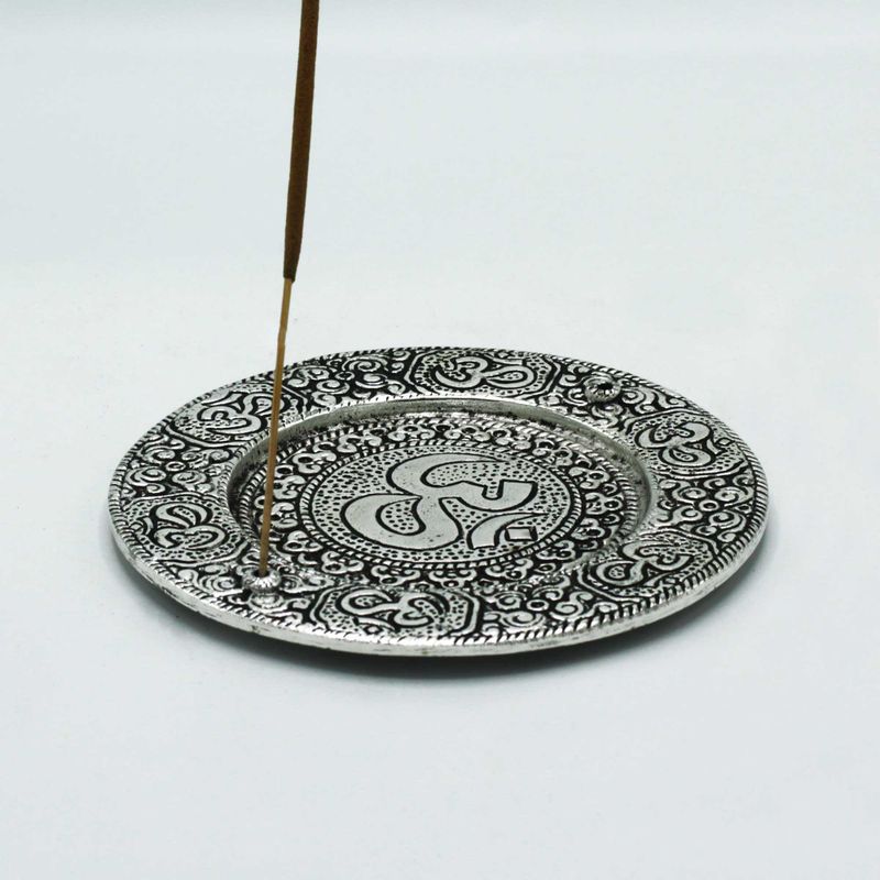 Porte-encens rond Om en aluminium poli 11 cm