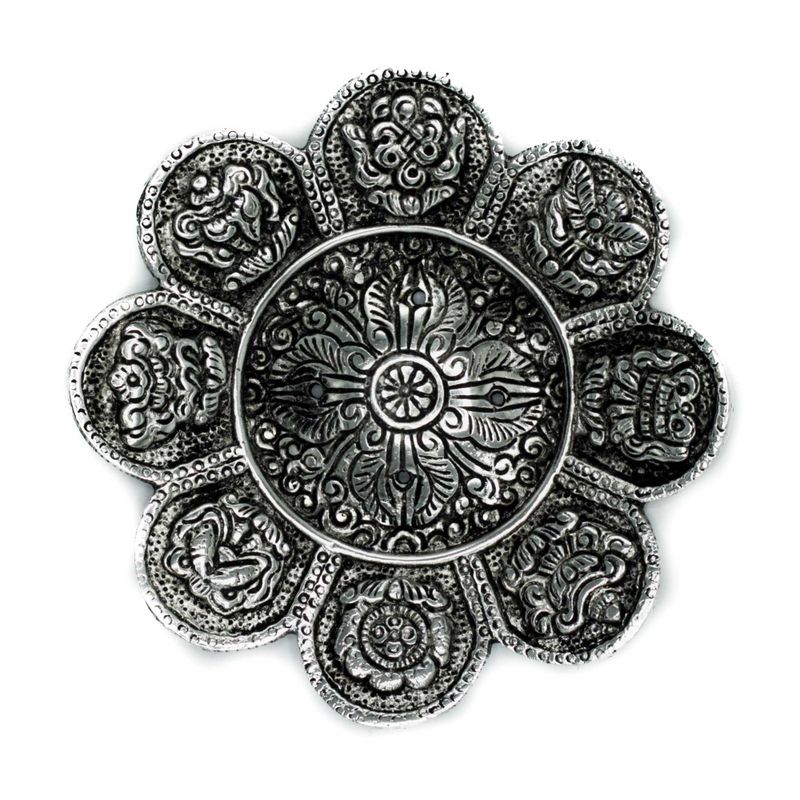 Porte-encens symboles tibétains en aluminium poli 12 cm