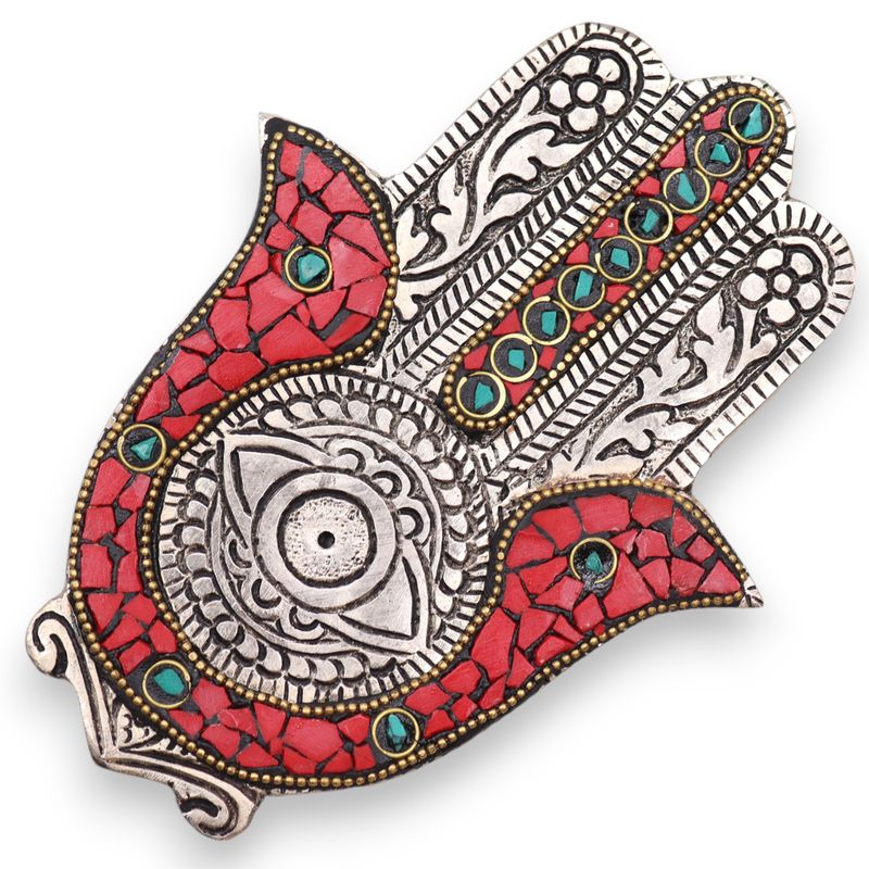 Porte-encens Hamsa petit modèle rouge & vert 13x5,5cm