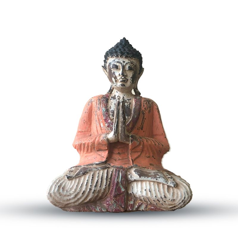 Statue de Bouddha Vintage Orange Sculptée à la Main - 30cm - Bienvenue