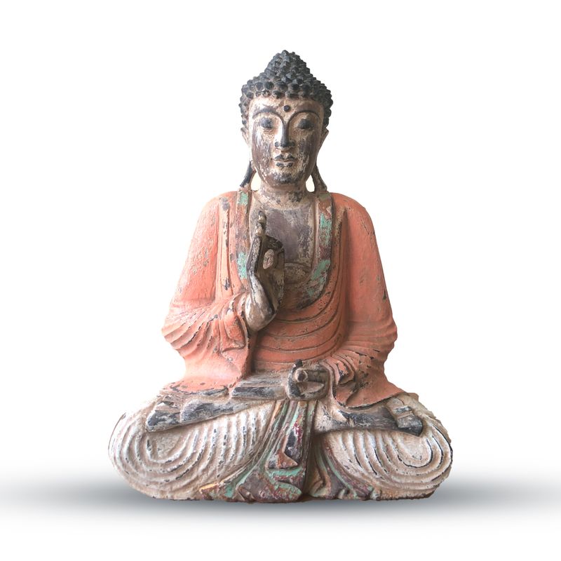 Statue de Bouddha sculptée à la main orange vintage - 40 cm - Transmission pédagogique